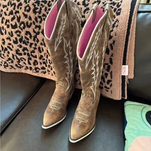 Pink Lily Brown Heeled Boots with Western Charm Wide Calf Design